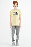 Sarı Ön Yazı Nakışlı O Yaka Standart Kalıp Erkek  Çocuk T-Shirt - 11118 | 10-11 Yaş