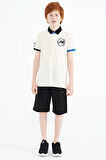 Ekru Kol Ucu Renkli Logo Nakışlı Standart Kalıp Polo Yaka Erkek Çocuk T-Shirt - 11138 | 4-5 Yaş
