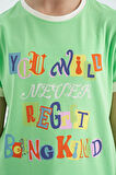Neon Yeşil Renkli Yazı Detaylı O Yaka Rahat Form Kız Çocuk T-Shirt - 75109 | 13-14 Yaş