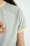 Gri Melanj Baskı Detaylı O Yaka Çok Renkli Bağlama Detaylı Kız Çocuk T-Shirt - 75113