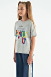 Gri Melanj Renki Yazı Baskılı O Yaka Oversize Kısa Kollu Kız Çocuk T-Shirt - 75112