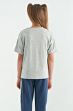 Gri Melanj Renki Yazı Baskılı O Yaka Oversize Kısa Kollu Kız Çocuk T-Shirt - 75112