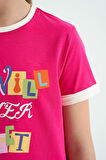 Fuşya Renkli Yazı Detaylı O Yaka Rahat Form Kız Çocuk T-Shirt - 75109