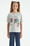 Gri Melanj Renki Yazı Baskılı O Yaka Oversize Kısa Kollu Kız Çocuk T-Shirt - 75112