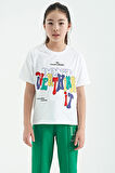 Beyaz Renki Yazı Baskılı O Yaka Oversize Kısa Kollu Kız Çocuk T-Shirt - 75112 | 9-10 Yaş