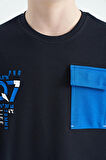 Lacivert O Yaka Oversize Cep Detaylı Erkek Çocuk T-Shirt - 11152 | 9-10 Yaş