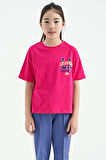 Fuşya Ön Arka Baskılı O Yaka Oversize Kısa Kollu Kız Çocuk T-Shirt - 75127