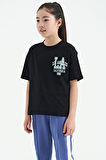 Siyah Ön Arka Baskılı O Yaka Oversize Kısa Kollu Kız Çocuk T-Shirt - 75127 | 9-10 Yaş