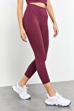 Bordo Yüksek Bel Kapri-Crop T-Shirt Slim Fit Kadın Tayt Takım - 95285 | S