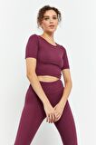 Bordo Yüksek Bel Kapri-Crop T-Shirt Slim Fit Kadın Tayt Takım - 95285 | S