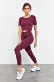 Bordo Yüksek Bel Kapri-Crop T-Shirt Slim Fit Kadın Tayt Takım - 95285 | S