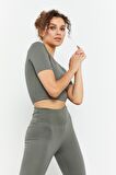 Çağla Yüksek Bel Kapri-Crop T-Shirt Slim Fit Kadın Tayt Takım - 95285 | L