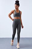Çağla Yüksek Bel Toparlayıcılı Sırt Detaylı Slim Fit Büstiyer Kadın Tayt Takım - 95281 | L