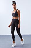 Siyah-gümüş - Siyah Yüksek Bel Toparlayıcılı Sırt Detaylı Slim Fit Büstiyer Kadın Tayt Takım - 95281 | M