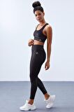 Siyah-gümüş - Siyah Yüksek Bel Toparlayıcılı Sırt Detaylı Slim Fit Büstiyer Kadın Tayt Takım - 95281 | XL
