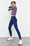 İndigo Yüksek Bel Toparlayıcı Slim Fit Dar Paça Kadın Tayt - 94011 | L