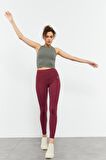 Bordo Yüksek Bel Toparlayıcı Slim Fit Dar Paça Kadın Tayt - 94011 | S