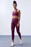 Bordo Yüksek Bel Toparlayıcı Çapraz Sırt Detaylı Slim Fit Kadın Tayt Takım - 95282 | XL