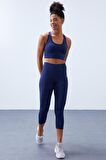 İndigo Yüksek Bel Toparlayıcı Çapraz Sırt Detaylı Slim Fit Kadın Tayt Takım - 95283 | M