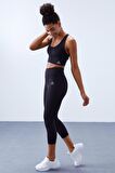 Siyah Yüksek Bel Toparlayıcı Çapraz Sırt Detaylı Slim Fit Kadın Tayt Takım - 95283 | M