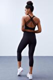 Siyah Yüksek Bel Toparlayıcı Çapraz Sırt Detaylı Slim Fit Kadın Tayt Takım - 95283 | M