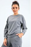 Gri Melanj O Yaka Oversize Lastik Paça Kadın Eşofman Takımı - 95287 | L