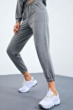 Gri Melanj O Yaka Oversize Lastik Paça Kadın Eşofman Takımı - 95287 | M