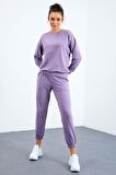 Eflatun O Yaka Oversize Lastik Paça Kadın Eşofman Takımı - 95287 | XL