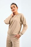 Bej O Yaka Oversize Lastik Paça Kadın Eşofman Takımı - 95287 | XL