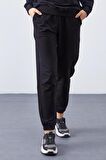Siyah O Yaka Oversize Lastik Paça Kadın Eşofman Takımı - 95287 | XL