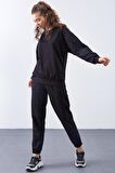 Siyah O Yaka Oversize Lastik Paça Kadın Eşofman Takımı - 95287 | XXL