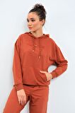 Tarçın Kapüşonlu Kanguru Cep Oversize Lastik Paça Kadın Eşofman Takımı - 95288 | XL