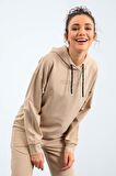 Bej Kapüşonlu Kanguru Cep Oversize Lastik Paça Kadın Eşofman Takımı - 95288 | S