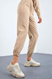 Bej Kapüşonlu Kanguru Cep Oversize Lastik Paça Kadın Eşofman Takımı - 95288 | S