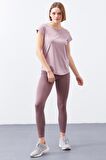 Gül Kurusu Sırt Pencereli Kısa Kol Standart Kalıp O Yaka Kadın T-Shirt - 97101 | S