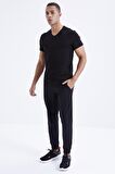 Siyah Basic Kısa Kol Standart Kalıp V Yaka Erkek T-Shirt - 87912 | XXL