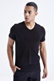 Siyah Basic Kısa Kol Standart Kalıp V Yaka Erkek T-Shirt - 87912 | XXL