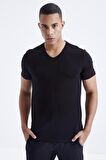 Siyah Basic Kısa Kol Standart Kalıp V Yaka Erkek T-Shirt - 87912 | XXL