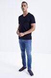 Lacivert Basic Kısa Kol Standart Kalıp V Yaka Erkek T-Shirt - 87912 | S