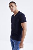 Lacivert Basic Kısa Kol Standart Kalıp V Yaka Erkek T-Shirt - 87912 | XL