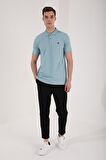 Buz Mavi Basic Göğüs Logolu Standart Kalıp Triko Polo Yaka Erkek T-Shirt - 87768 | L