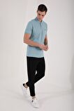 Buz Mavi Basic Göğüs Logolu Standart Kalıp Triko Polo Yaka Erkek T-Shirt - 87768 | L