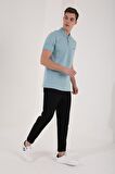 Buz Mavi Basic Göğüs Logolu Standart Kalıp Triko Polo Yaka Erkek T-Shirt - 87768 | L