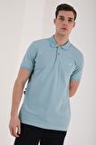 Buz Mavi Basic Logolu Standart Kalıp Triko Polo Yaka Erkek T-Shirt - 87748 | S