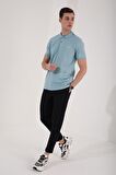 Buz Mavi Basic Logolu Standart Kalıp Triko Polo Yaka Erkek T-Shirt - 87748 | S