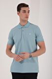 Buz Mavi Basic Logolu Standart Kalıp Triko Polo Yaka Erkek T-Shirt - 87748 | XL