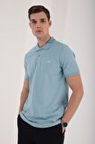 Buz Mavi Basic Logolu Standart Kalıp Triko Polo Yaka Erkek T-Shirt - 87748 | XL