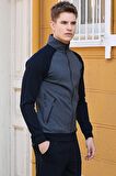 Lacivert  Dik Yaka Çift Renk Rahat Form Klasik Paça Erkek Eşofman Takımı - 85113 | 3XL