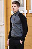 Antrasit - Siyah  Dik Yaka Çift Renk Rahat Form Klasik Paça Erkek Eşofman Takımı - 85113 | 3XL
