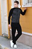 Siyah  Dik Yaka Çift Renk Rahat Form Klasik Paça Erkek Eşofman Takımı - 85113 | 3XL